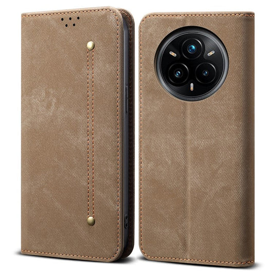 For Realme 14 Pro+ 5G Case Jeans Cloth Texture Anti-Scratch Leather Stand Phone Cover - Khaki