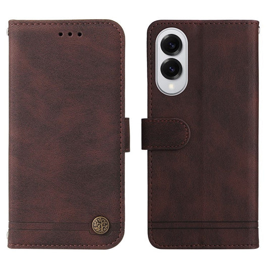 For Samsung Galaxy S25 Edge Case Wallet Skin Touch Leather Phone Cover Tree Pattern Hardware - Brown