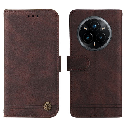 For Realme 14 Pro+ 5G Case Wallet Skin Touch Leather Phone Cover Tree Pattern Hardware - Brown