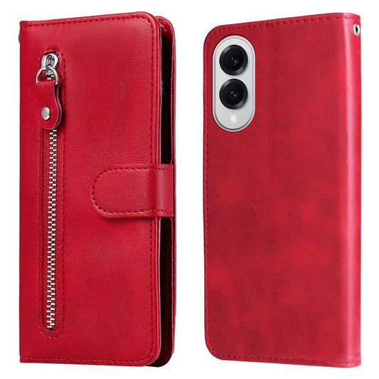 For Samsung Galaxy S25 Edge Case Zipper Wallet Calf Texture PU Leather Phone Cover - Red