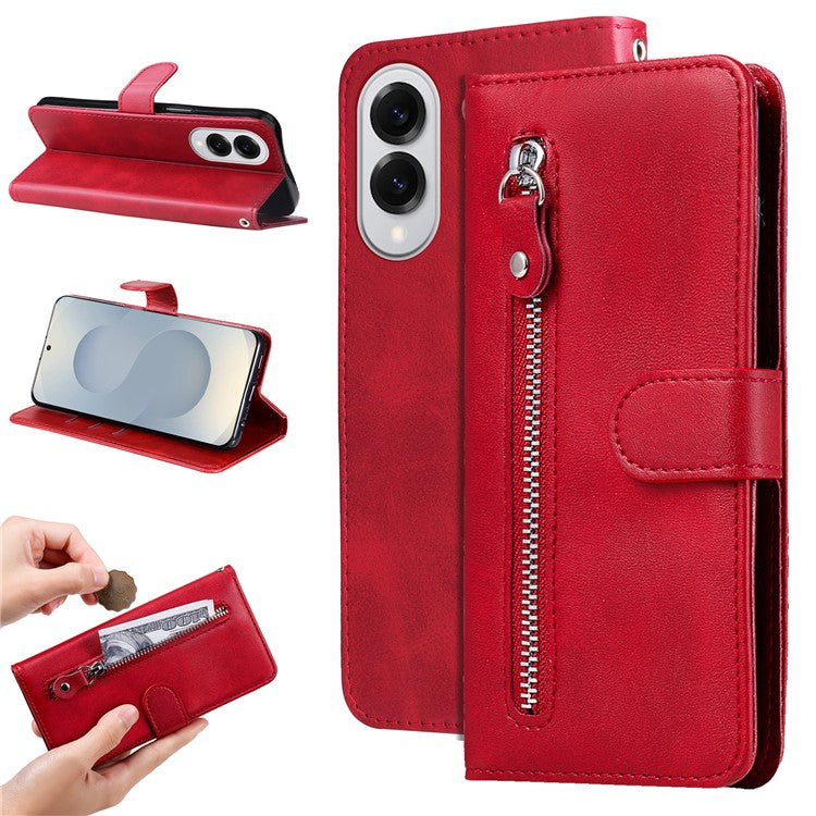 For Samsung Galaxy S25 Edge Case Zipper Wallet Calf Texture PU Leather Phone Cover - Red