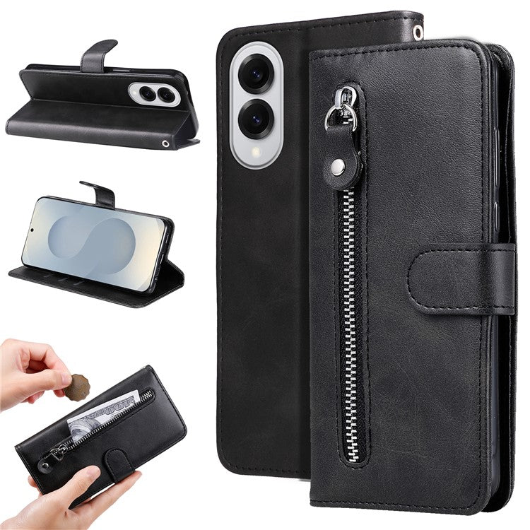 For Samsung Galaxy S25 Edge Case Zipper Wallet Calf Texture PU Leather Phone Cover - Black