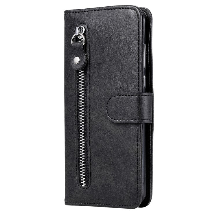For Samsung Galaxy S25 Edge Case Zipper Wallet Calf Texture PU Leather Phone Cover - Black