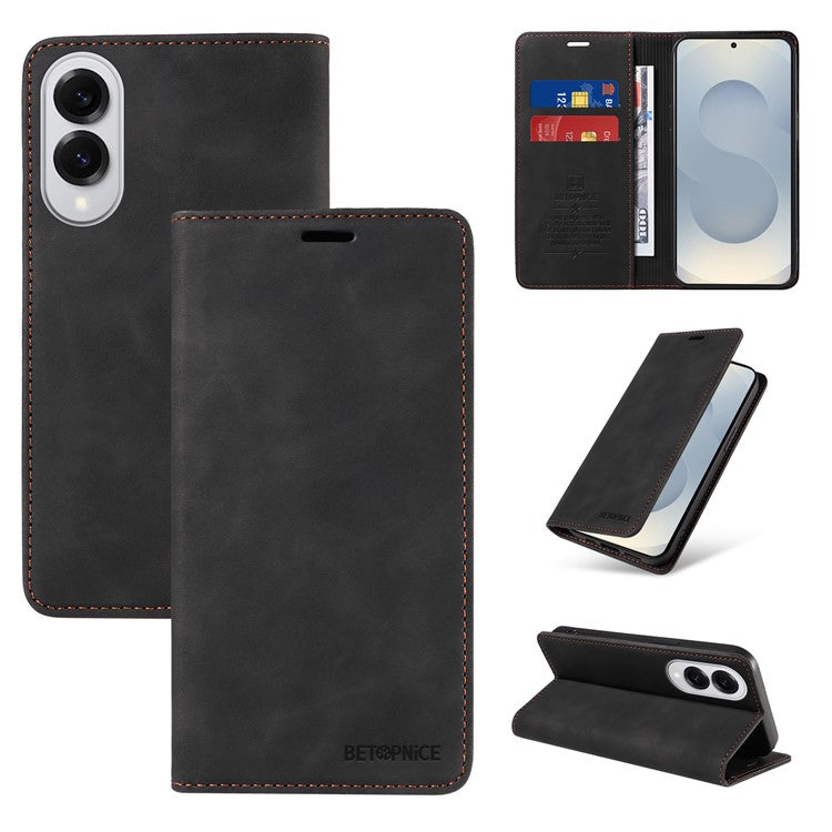 BETOPNICE 003 For Samsung Galaxy S25 Edge Case Wallet Leather Phone Cover with Stand - Black