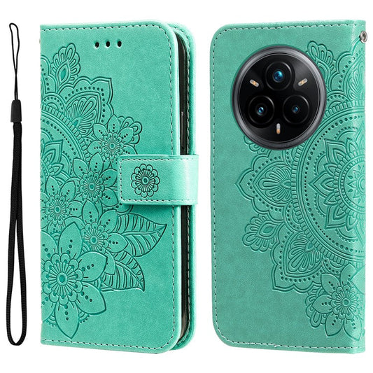 For Realme 14 Pro+ 5G Case Floral Pattern PU Leather Wallet Stand Phone Cover - Green