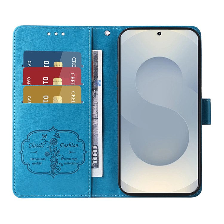 For Samsung Galaxy S25 Edge Phone Case Wallet Stand Butterfly Floral Imprint Leather Cover - Blue