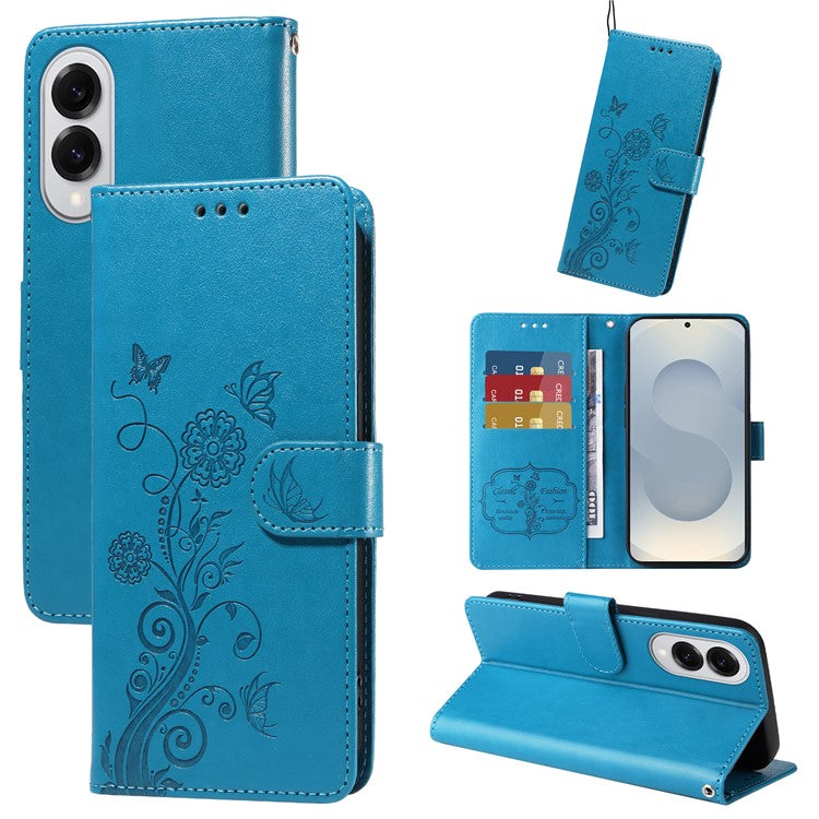 For Samsung Galaxy S25 Edge Phone Case Wallet Stand Butterfly Floral Imprint Leather Cover - Blue