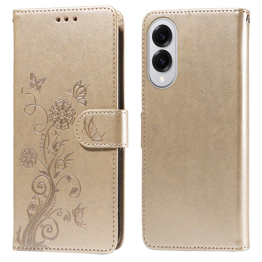 For Samsung Galaxy S25 Edge Phone Case Wallet Stand Butterfly Floral Imprint Leather Cover - Gold