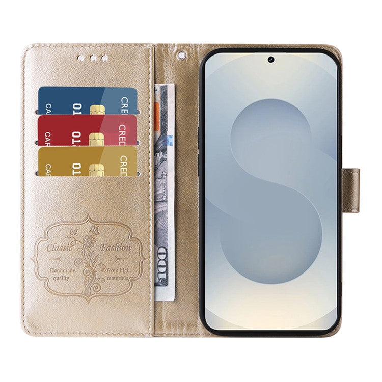 For Samsung Galaxy S25 Edge Phone Case Wallet Stand Butterfly Floral Imprint Leather Cover - Gold