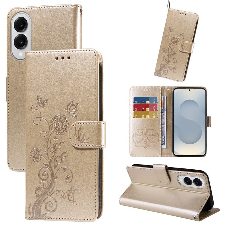 For Samsung Galaxy S25 Edge Phone Case Wallet Stand Butterfly Floral Imprint Leather Cover - Gold