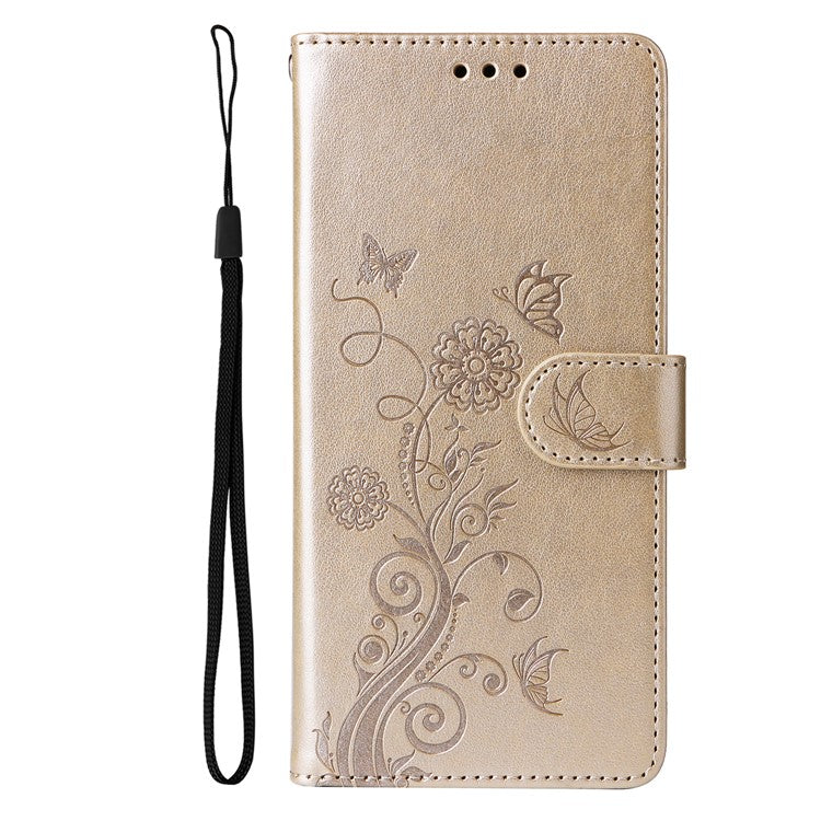 For Samsung Galaxy S25 Edge Phone Case Wallet Stand Butterfly Floral Imprint Leather Cover - Gold
