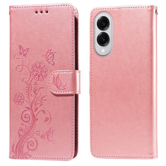 For Samsung Galaxy S25 Edge Phone Case Wallet Stand Butterfly Floral Imprint Leather Cover - Pink