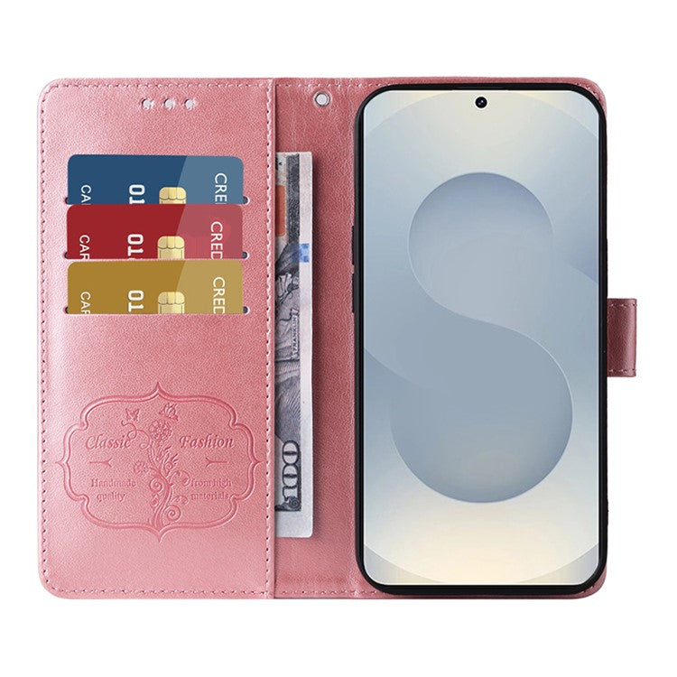 For Samsung Galaxy S25 Edge Phone Case Wallet Stand Butterfly Floral Imprint Leather Cover - Pink