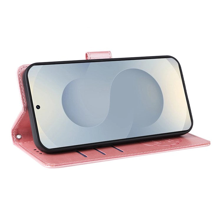 For Samsung Galaxy S25 Edge Phone Case Wallet Stand Butterfly Floral Imprint Leather Cover - Pink