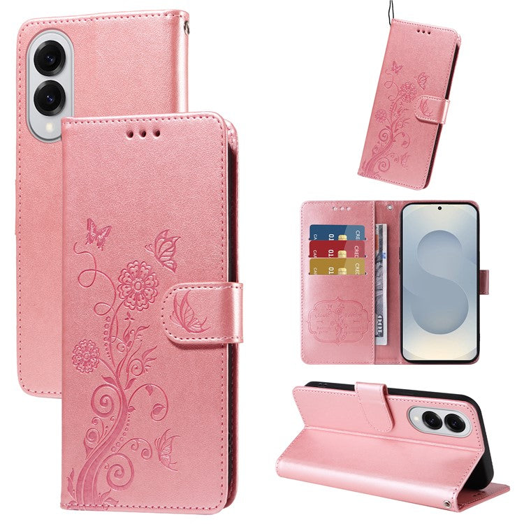 For Samsung Galaxy S25 Edge Phone Case Wallet Stand Butterfly Floral Imprint Leather Cover - Pink