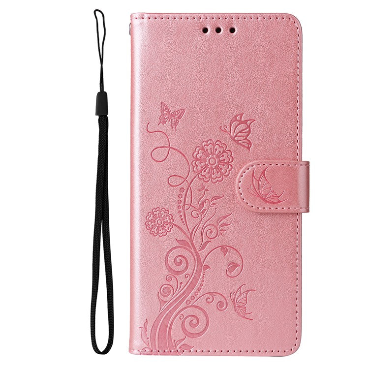For Samsung Galaxy S25 Edge Phone Case Wallet Stand Butterfly Floral Imprint Leather Cover - Pink