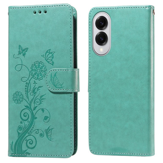For Samsung Galaxy S25 Edge Phone Case Wallet Stand Butterfly Floral Imprint Leather Cover - Green