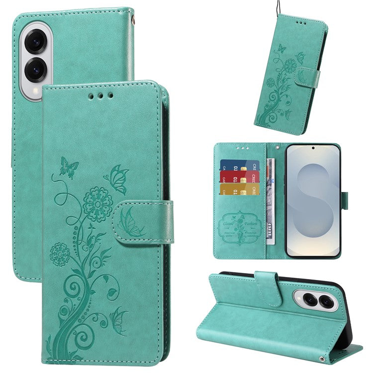 For Samsung Galaxy S25 Edge Phone Case Wallet Stand Butterfly Floral Imprint Leather Cover - Green