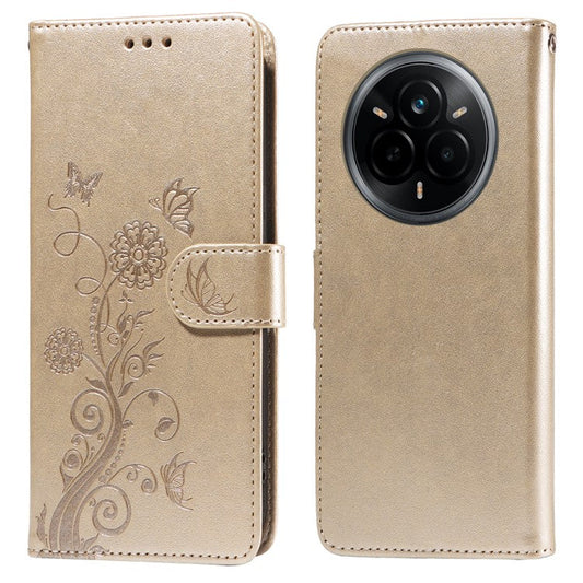 For Realme 14 Pro 5G Leather Case Butterfly Floral Imprint Wallet Stand Cover - Gold