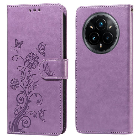 For Realme 14 Pro+ 5G Case Butterfly Floral Imprint Wallet Stand Leather Phone Cover - Purple