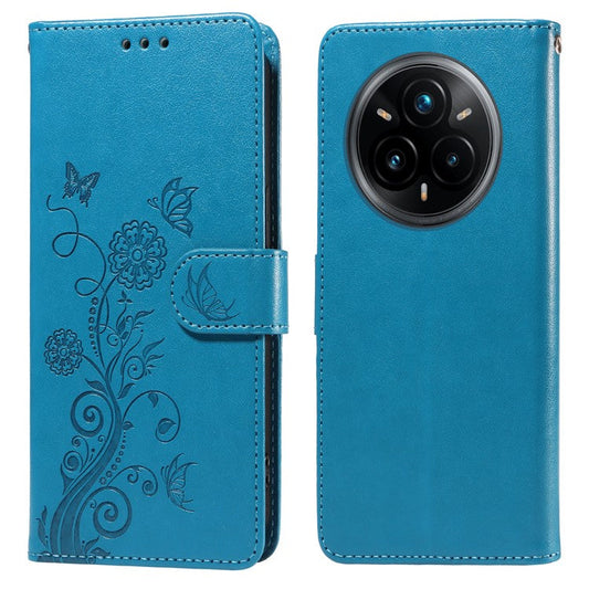 For Realme 14 Pro+ 5G Case Butterfly Floral Imprint Wallet Stand Leather Phone Cover - Blue