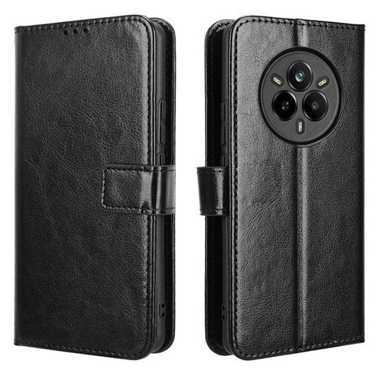 For Realme 14 Pro 5G Case Crazy Horse Texture PU Leather Phone Wallet Cover - Black
