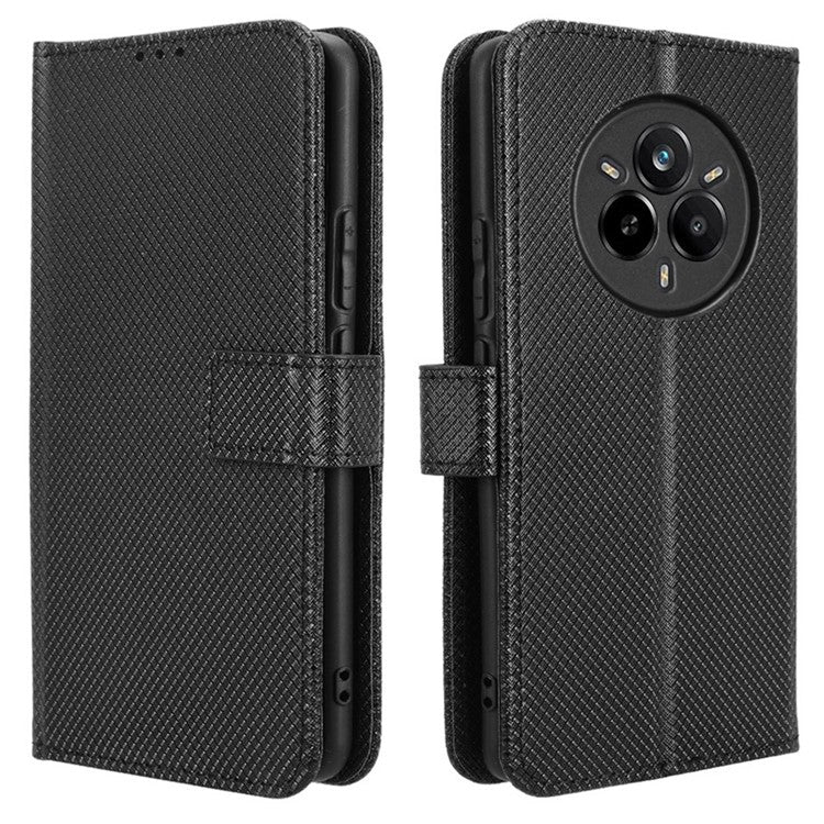 For Realme 14 Pro 5G Case PU Leather Diamond Texture Wallet Phone Cover - Black
