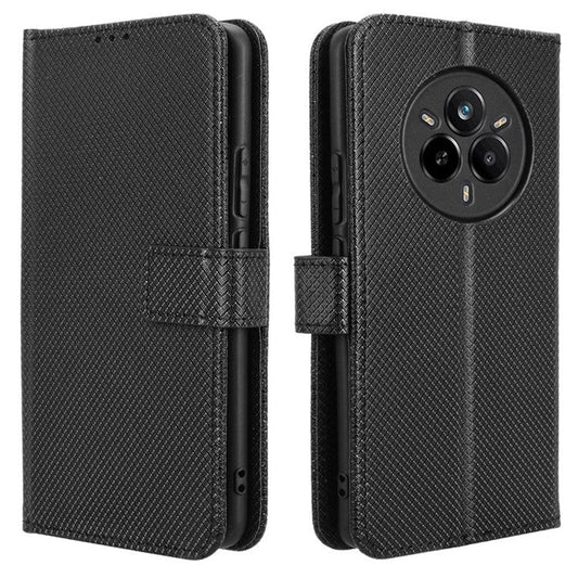 For Realme 14 Pro 5G Case PU Leather Diamond Texture Wallet Phone Cover - Black