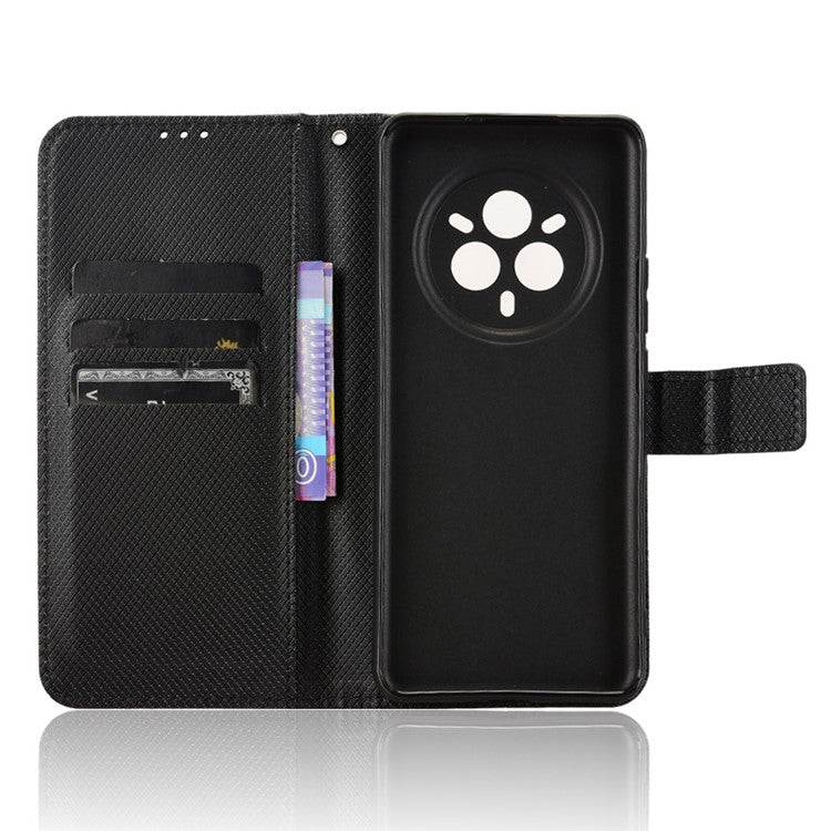 For Realme 14 Pro 5G Case PU Leather Diamond Texture Wallet Phone Cover - Black