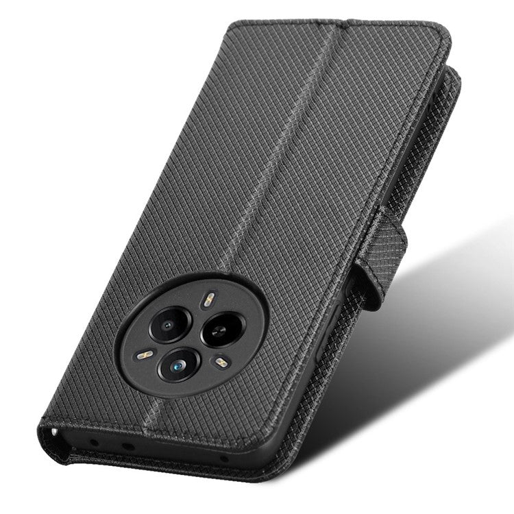 For Realme 14 Pro 5G Case PU Leather Diamond Texture Wallet Phone Cover - Black
