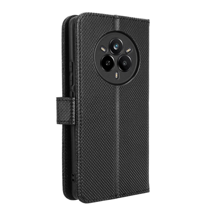 For Realme 14 Pro 5G Case PU Leather Diamond Texture Wallet Phone Cover - Black
