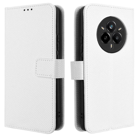 For Realme 14 Pro 5G Case PU Leather Diamond Texture Wallet Phone Cover - White