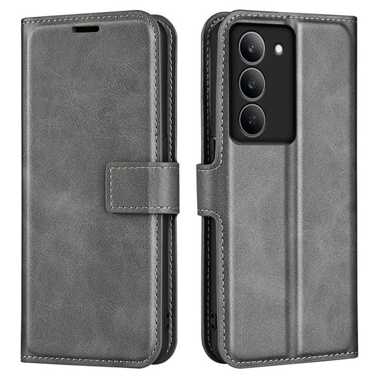 For Realme 14x 4G Stand Case Anti-Scratch Calf Texture Leather Phone Cover - Grey