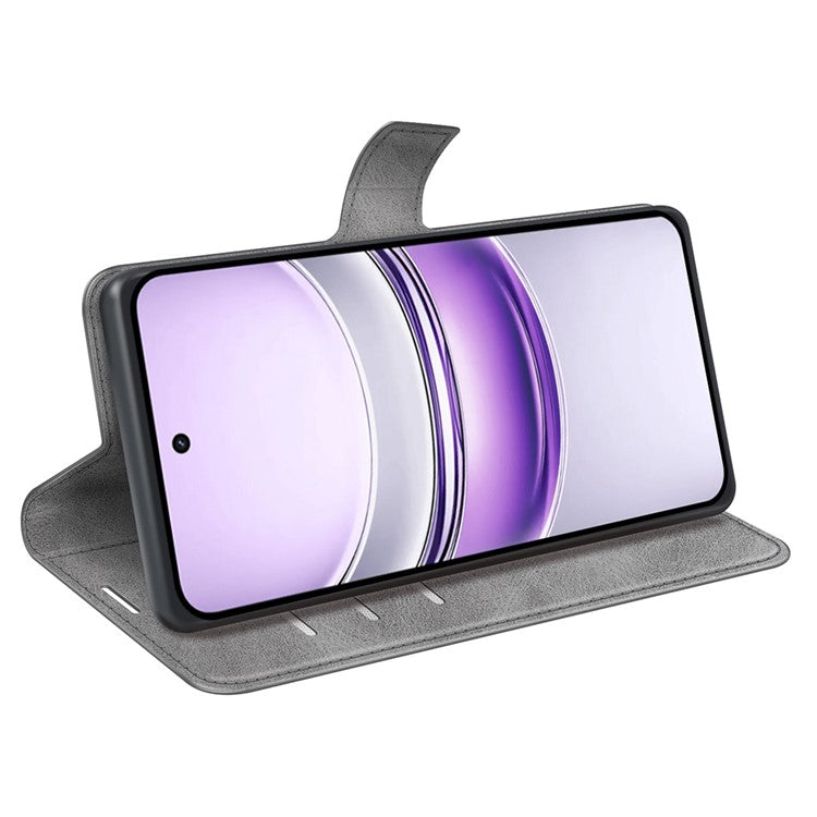 For Realme 14x 4G Stand Case Anti-Scratch Calf Texture Leather Phone Cover - Grey