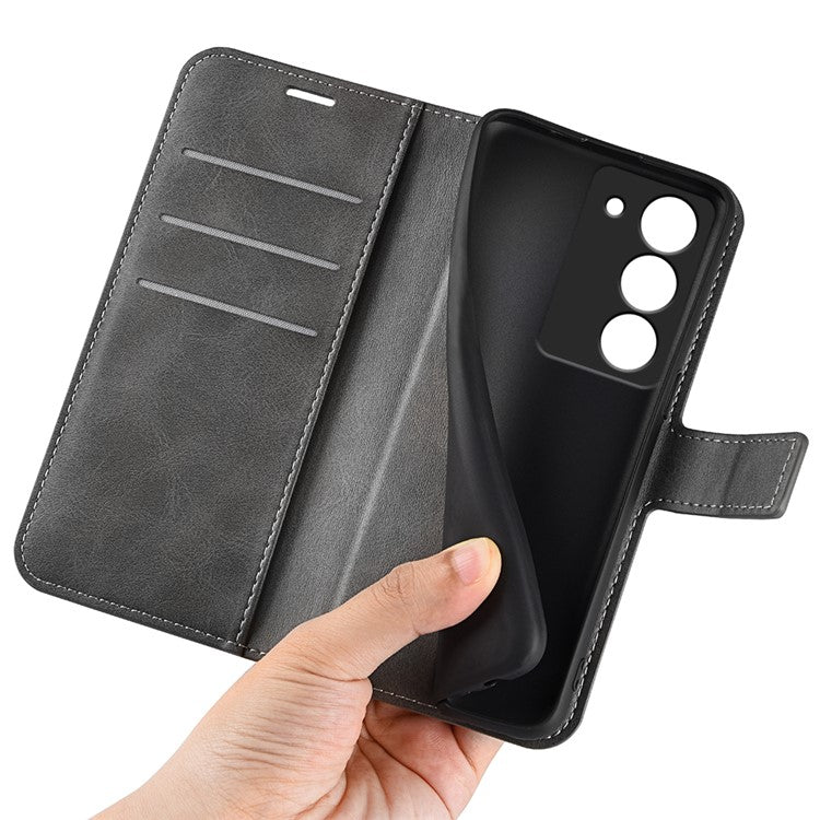 For Realme 14x 4G Stand Case Anti-Scratch Calf Texture Leather Phone Cover - Grey