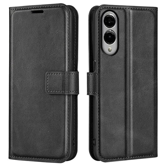For Samsung Galaxy S25 Edge Stand Case Anti-Scratch Calf Texture Leather Phone Cover - Black
