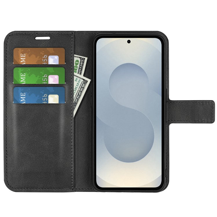 For Samsung Galaxy S25 Edge Stand Case Anti-Scratch Calf Texture Leather Phone Cover - Black