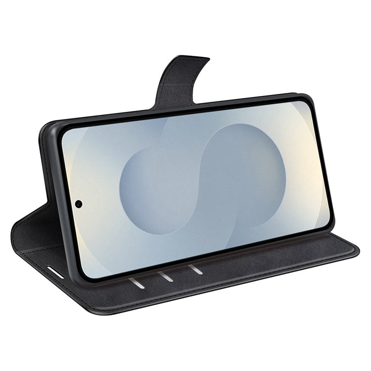 For Samsung Galaxy S25 Edge Stand Case Anti-Scratch Calf Texture Leather Phone Cover - Black