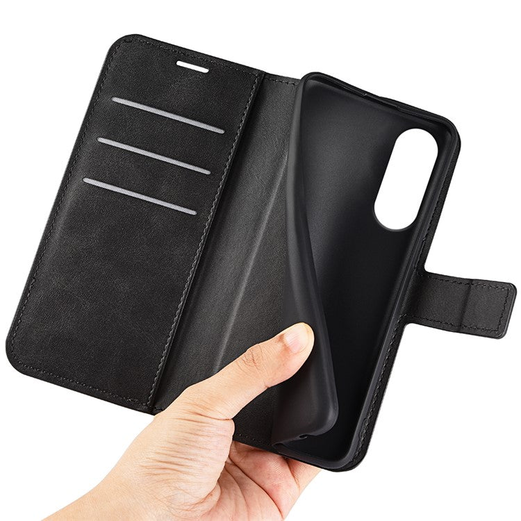 For Samsung Galaxy S25 Edge Stand Case Anti-Scratch Calf Texture Leather Phone Cover - Black