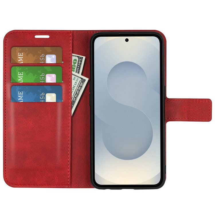 For Samsung Galaxy S25 Edge Stand Case Anti-Scratch Calf Texture Leather Phone Cover - Red