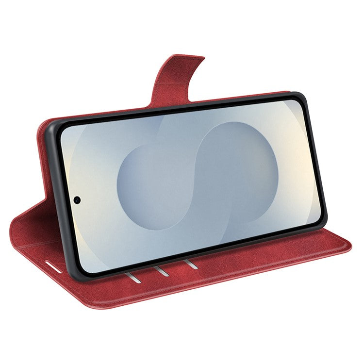 For Samsung Galaxy S25 Edge Stand Case Anti-Scratch Calf Texture Leather Phone Cover - Red