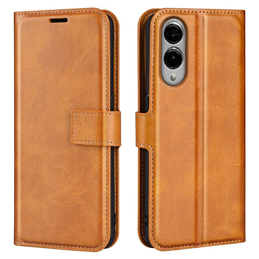 For Samsung Galaxy S25 Edge Stand Case Anti-Scratch Calf Texture Leather Phone Cover - Yellow
