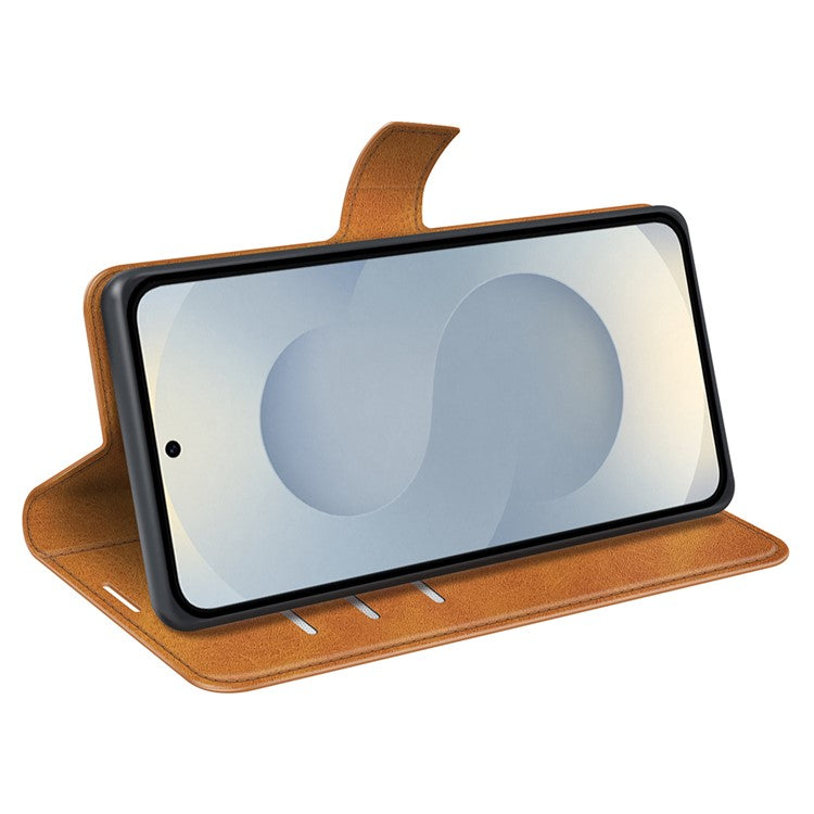 For Samsung Galaxy S25 Edge Stand Case Anti-Scratch Calf Texture Leather Phone Cover - Yellow