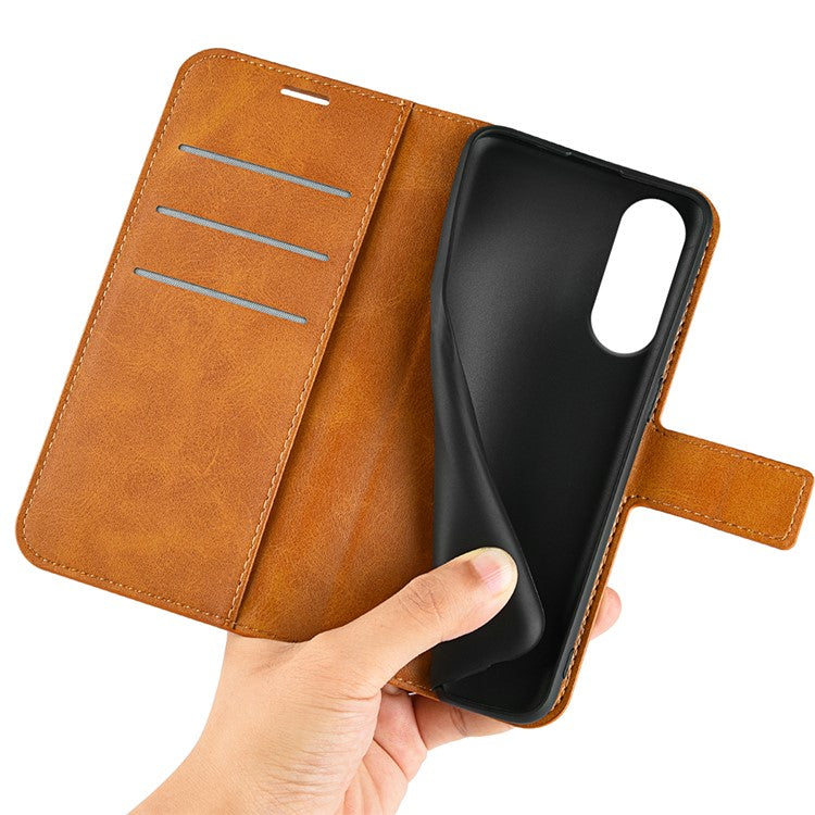 For Samsung Galaxy S25 Edge Stand Case Anti-Scratch Calf Texture Leather Phone Cover - Yellow