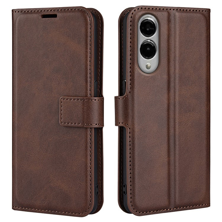 For Samsung Galaxy S25 Edge Stand Case Anti-Scratch Calf Texture Leather Phone Cover - Brown
