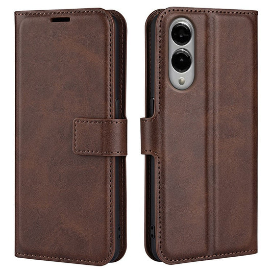 For Samsung Galaxy S25 Edge Stand Case Anti-Scratch Calf Texture Leather Phone Cover - Brown