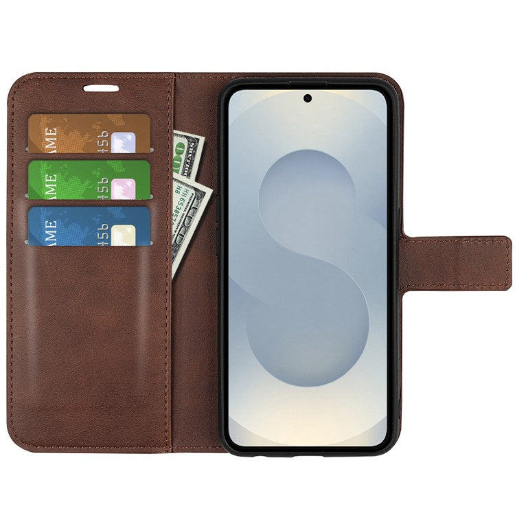 For Samsung Galaxy S25 Edge Stand Case Anti-Scratch Calf Texture Leather Phone Cover - Brown
