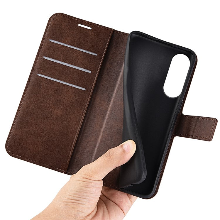 For Samsung Galaxy S25 Edge Stand Case Anti-Scratch Calf Texture Leather Phone Cover - Brown