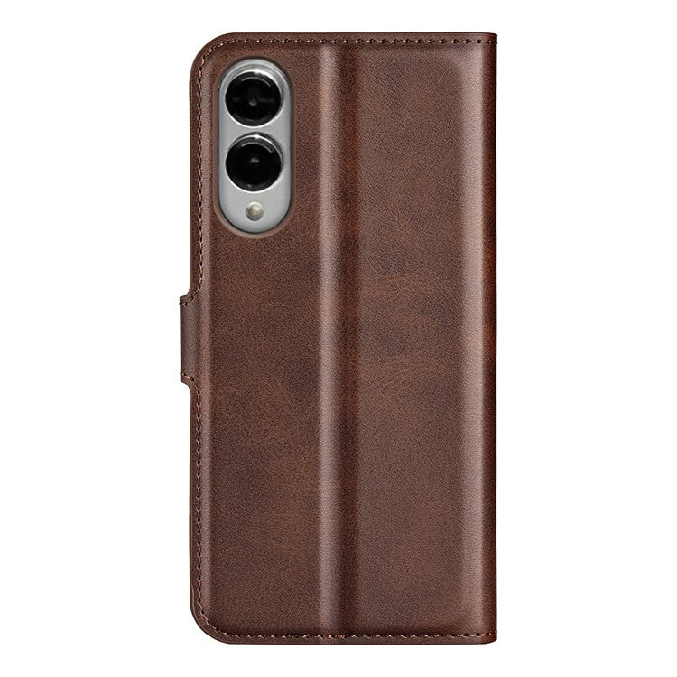 For Samsung Galaxy S25 Edge Stand Case Anti-Scratch Calf Texture Leather Phone Cover - Brown