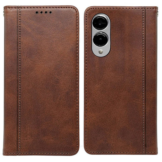 For Samsung Galaxy S25 Edge Case Hidden Magnetic Closure Calf Texture Leather Phone Cover - Brown